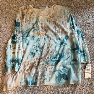 Alfred Dunner Blue Tan Relaxed 3/4 Sleeve Blouse